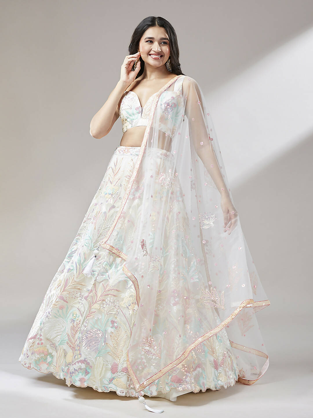 House of Panchhi Cream Net Sequinse Work Lehenga & Blouse with Dupatta | Grocsy