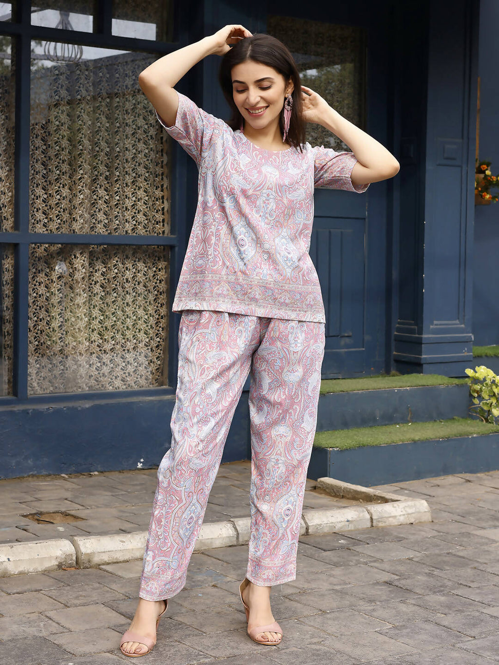 Pink Rayon Paisley Printed Top with Matching Bottom - Eesha | Grocsy