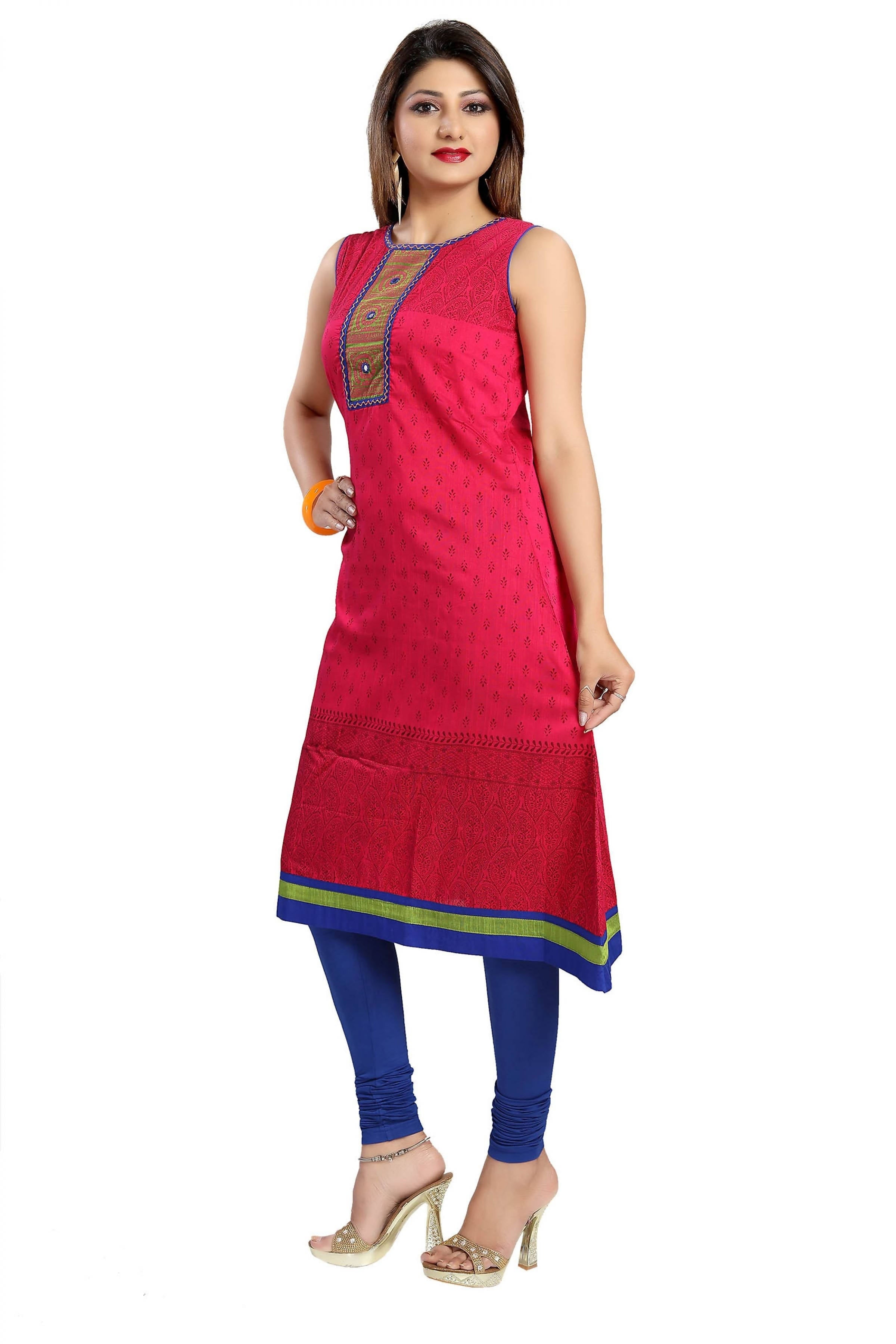 Snehal Creations Bold And Blast Hot Pink Raw Silk Sleeveless Kurti Tunic | Grocsy