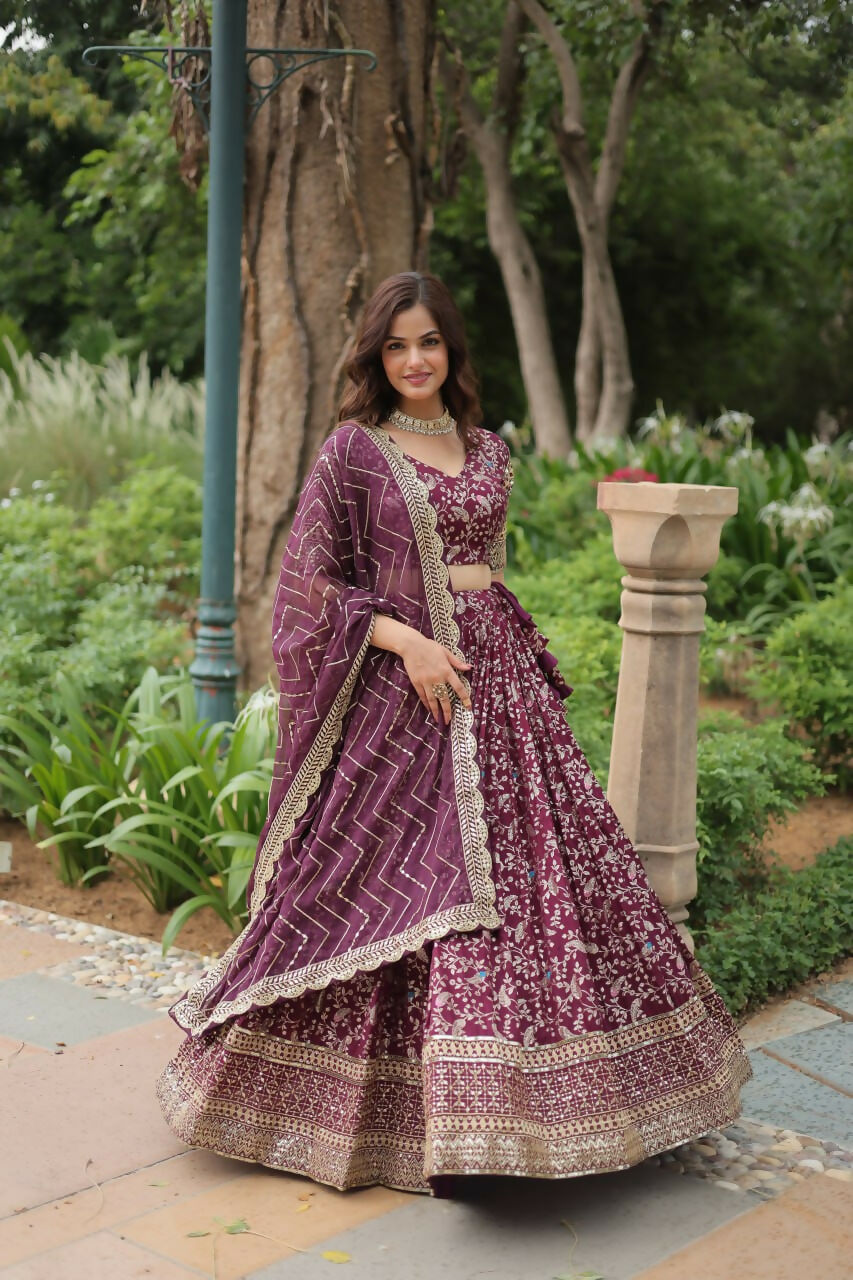 Lorenvalley Wine Pure Viscose Jacquard with Golden Embroidered Sequins work Lehenga Choli | Grocsy