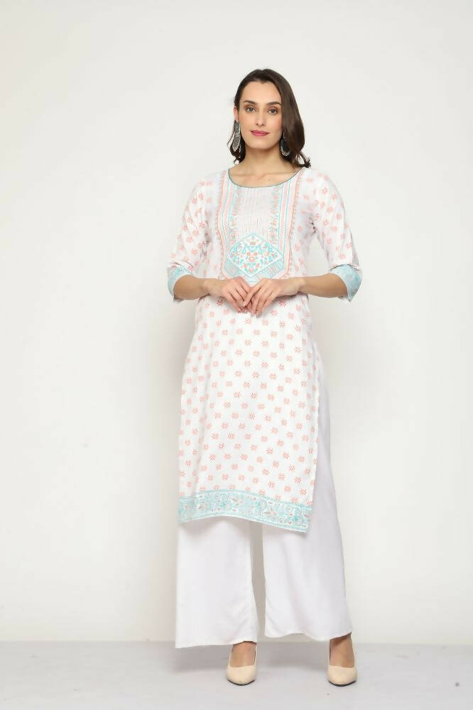 Maai Rayon Hand Printed Kurta Off-White | Grocsy