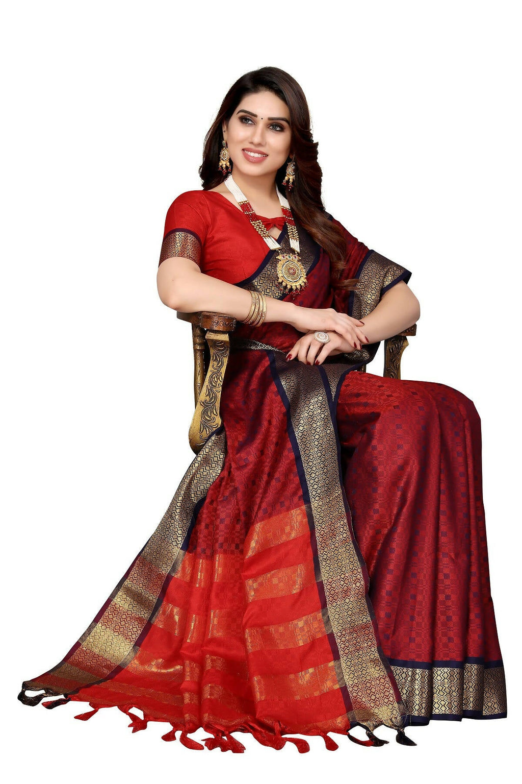 Vamika Weaving Maroon Cotton Silk Saree | Grocsy