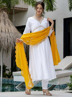 The52 White Women's Gorgeous Embroidered Chanderi Fabric Straight Kurta, Pant and Dupatta Set | Grocsy