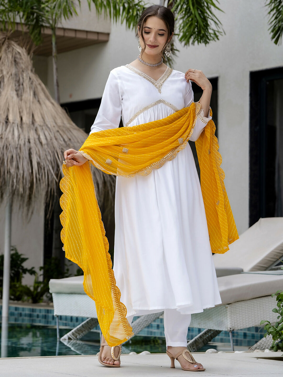 The52 White Women's Gorgeous Embroidered Chanderi Fabric Straight Kurta, Pant and Dupatta Set | Grocsy