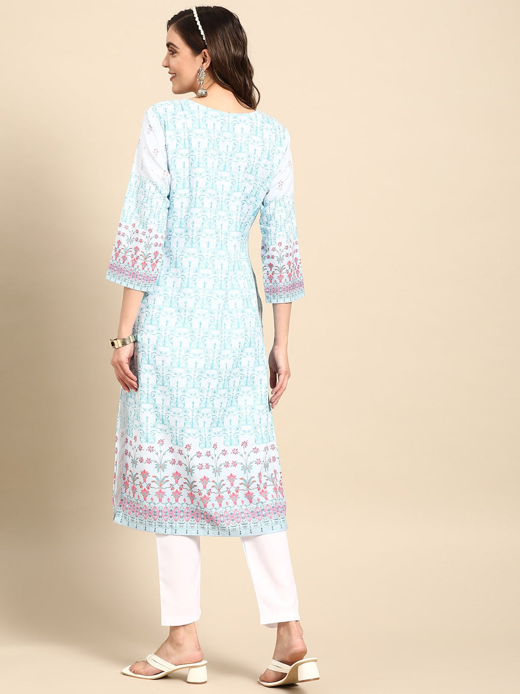 Sangria Women Turquoise Blue Floral Embroidered Kurta | Grocsy