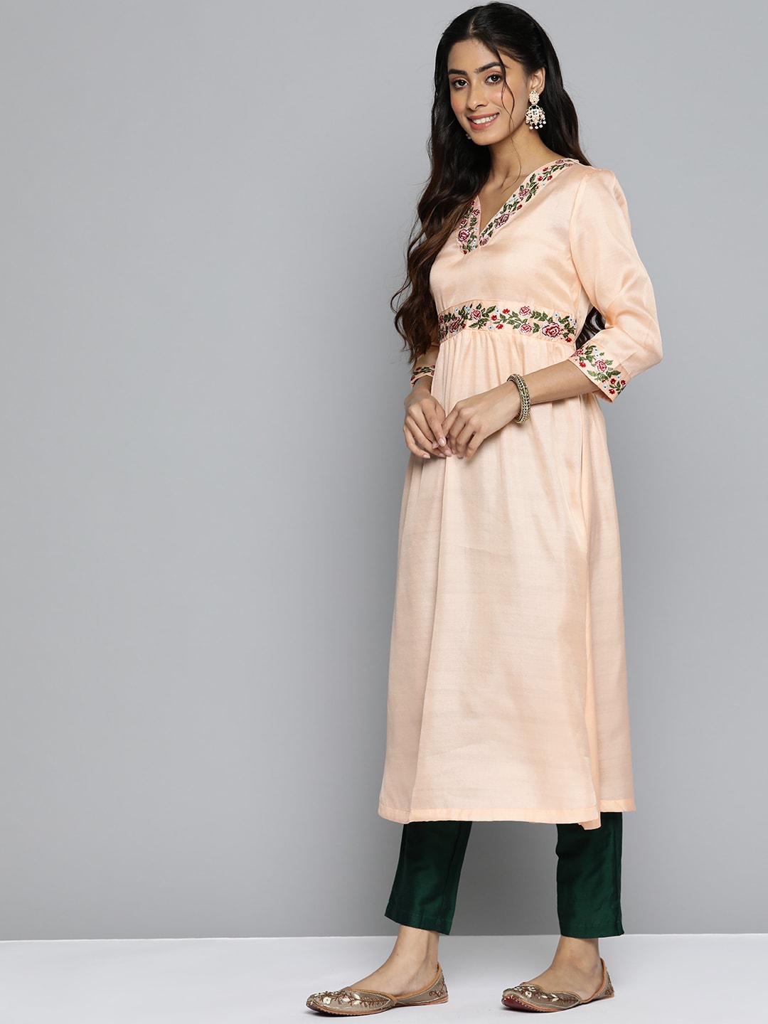 HERE&NOW Women Floral Embroidered Empire A-Line Kurta | Grocsy