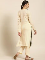 Sangria Women Off White Ethnic Motifs Self Design Winter Kurta with Trousers | Grocsy