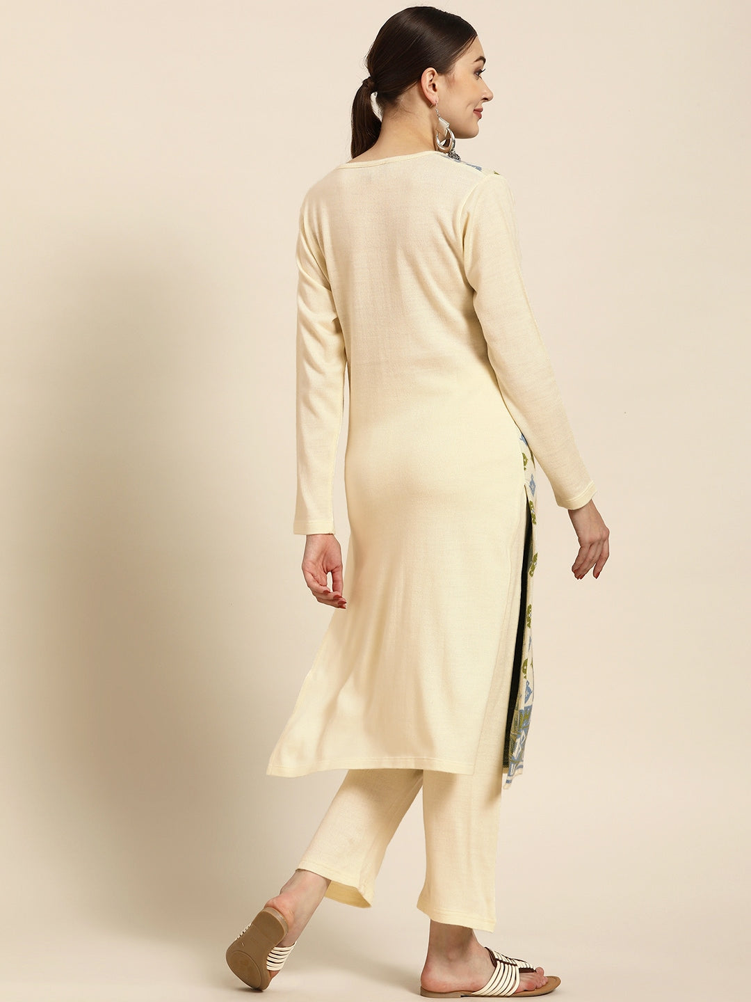 Sangria Women Off White Ethnic Motifs Self Design Winter Kurta with Trousers | Grocsy