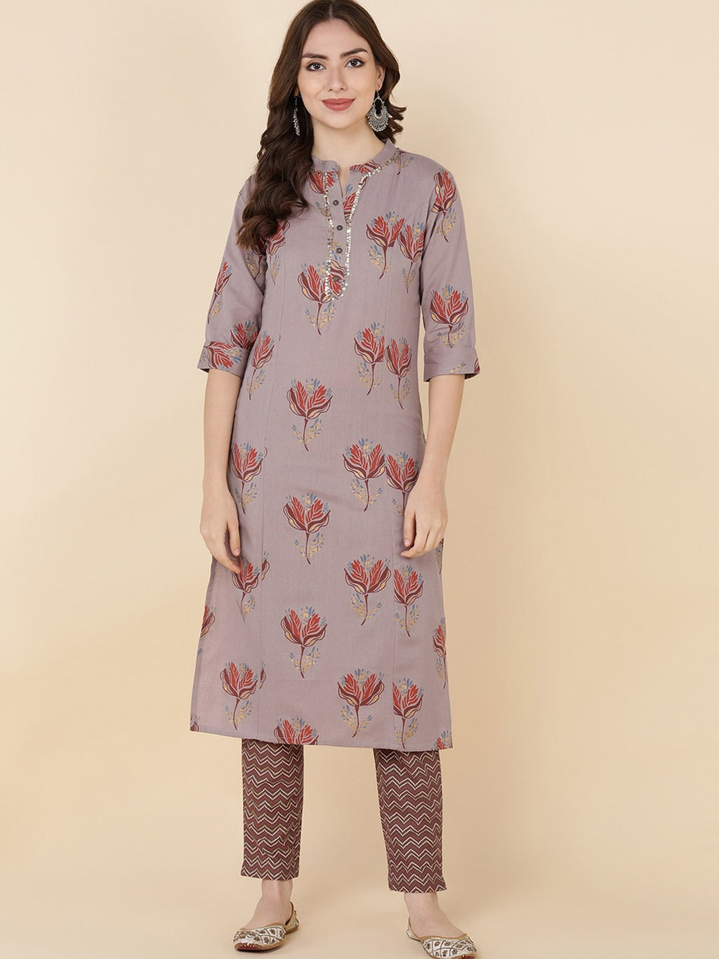 HERE&NOW Women Coffee Brown Floral Embroidered Straight Kurta With Trousers | Grocsy