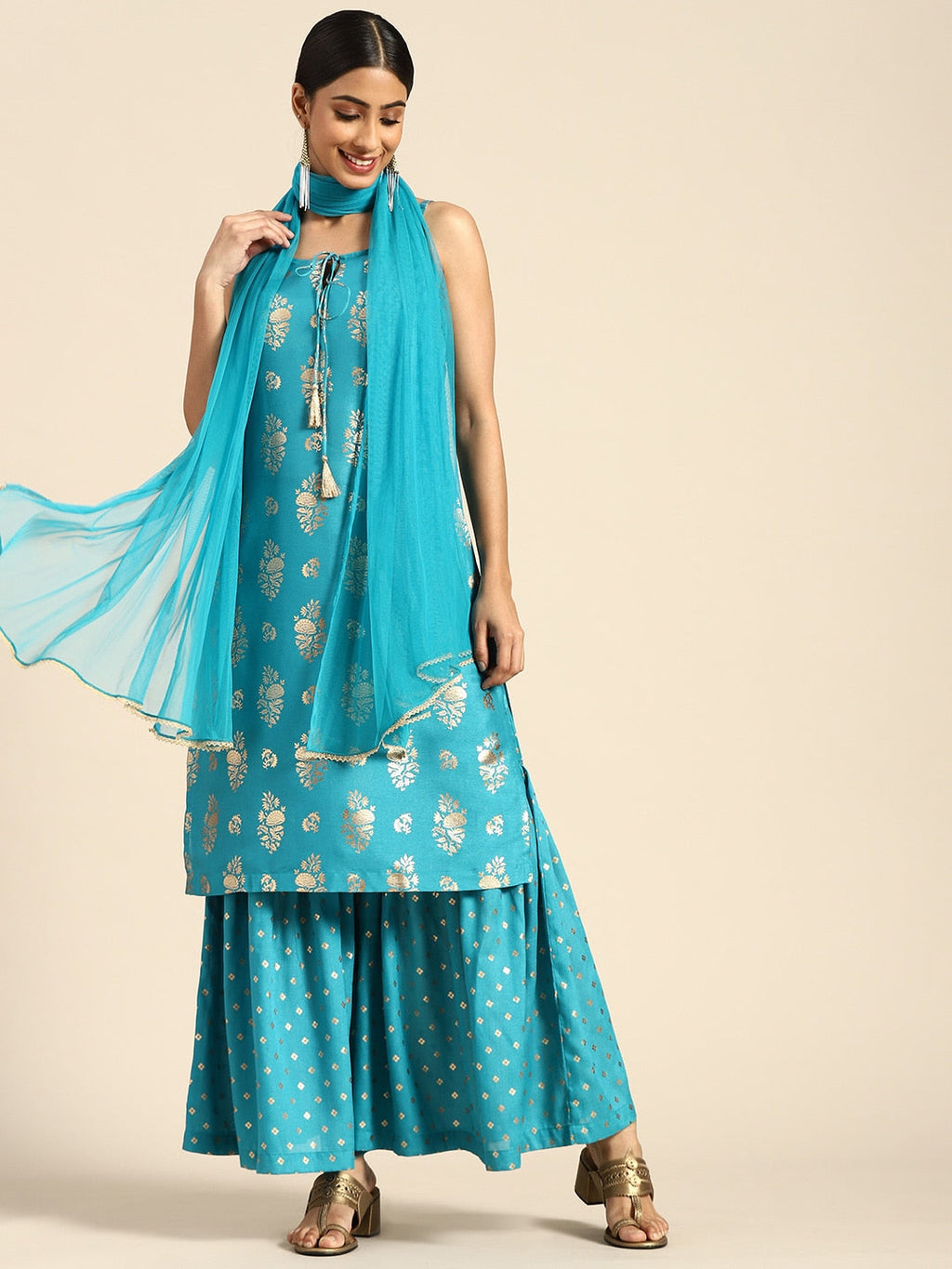 Sangria Women Blue & Golden Ethnic Motifs Printed Kurta with Sharara & Dupatta | Grocsy