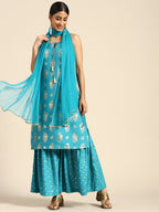 Sangria Women Blue & Golden Ethnic Motifs Printed Kurta with Sharara & Dupatta | Grocsy