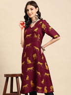 Sangria Animal Print Angrakha Kurta | Grocsy