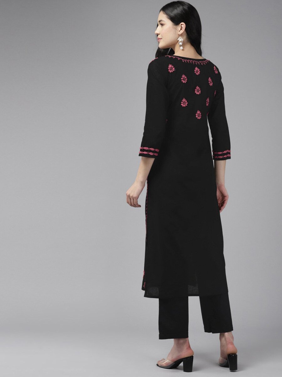 ADA Ethnic Motifs Embroidered Round Neck Chikankari Cotton Kurta | Grocsy