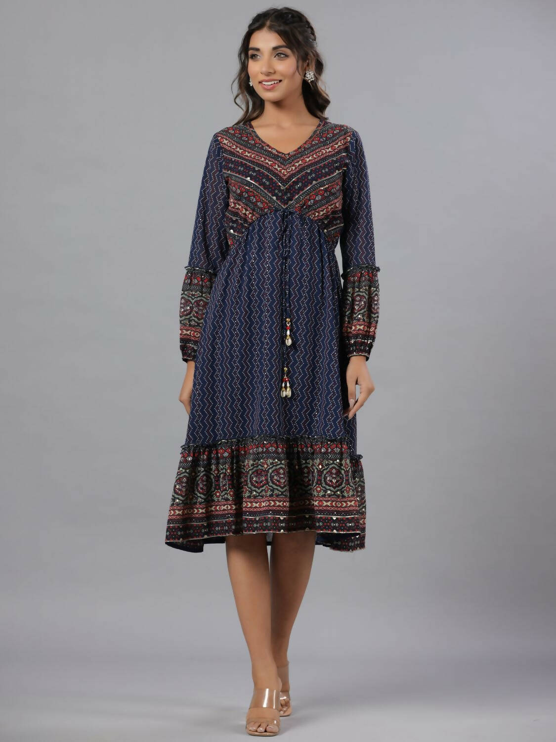 Juniper Women Navy Blue Georgette Printed Midi Dress | Grocsy