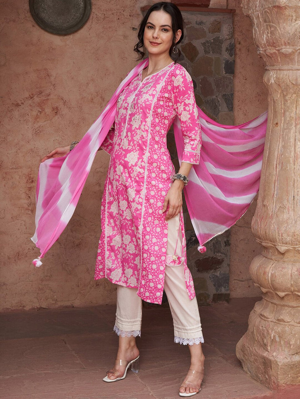 Sangria Ethnic Motifs Printed Sequined Pure Cotton Kurta with Trousers & Dupatta | Grocsy