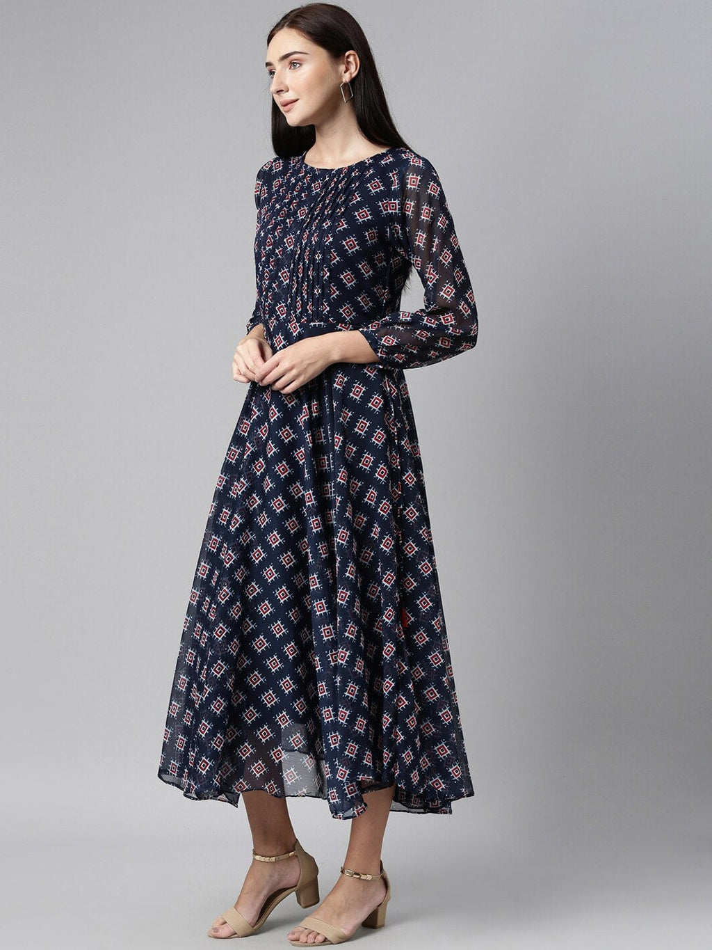 Souchii Blue & Red Ethnic Motifs Printed Chiffon Fit & Flare Midi Dress | Grocsy