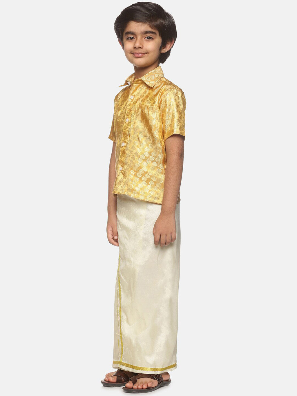 Sethukrishna Boys Gold-Toned Self Design Shirt with Dhoti | Grocsy