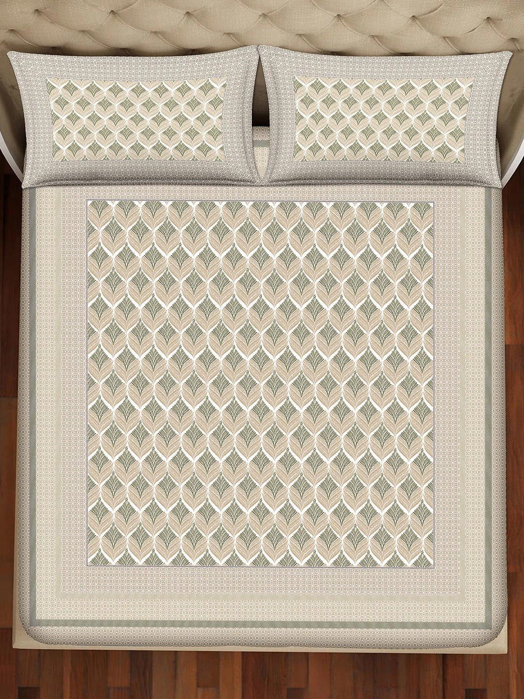 BELLA CASA Beige & Off White Ethnic Motifs 350 TC King Bedsheet with 2 Pillow Covers | Grocsy