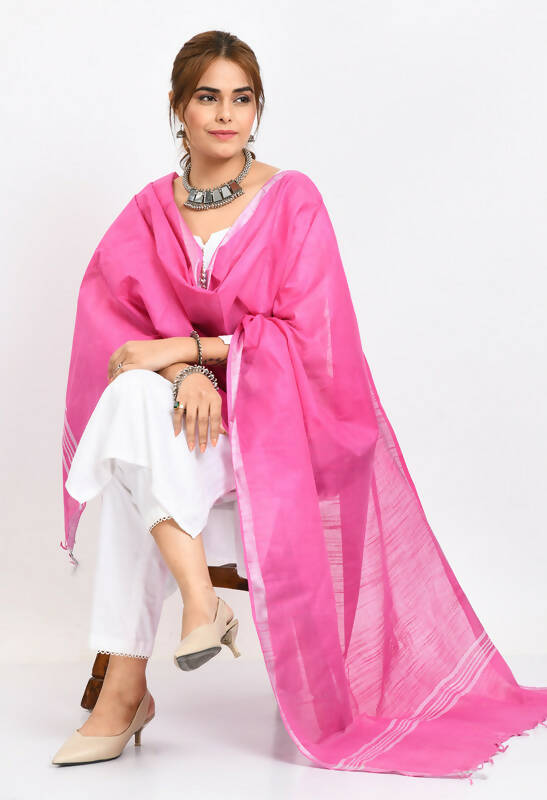 Mominos Fashion Moeza Women's Linen Cotton Silver Border Dark Pink Dupatta | Grocsy