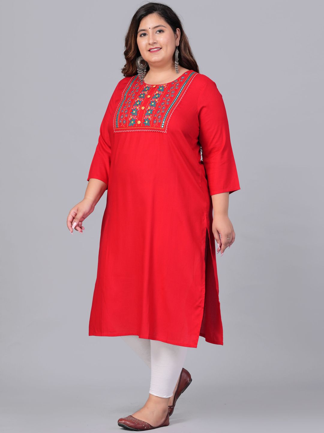 Sztori Plus Size Embroidered Yoke Design Round Neck Three-Quarter Sleeves Straight Kurta | Grocsy