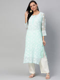 ADA Women Sea Green & White Chikankari Hand Embroidered Straight Sustainable Handloom Kurta | Grocsy