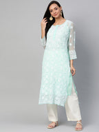 ADA Women Sea Green & White Chikankari Hand Embroidered Straight Sustainable Handloom Kurta | Grocsy