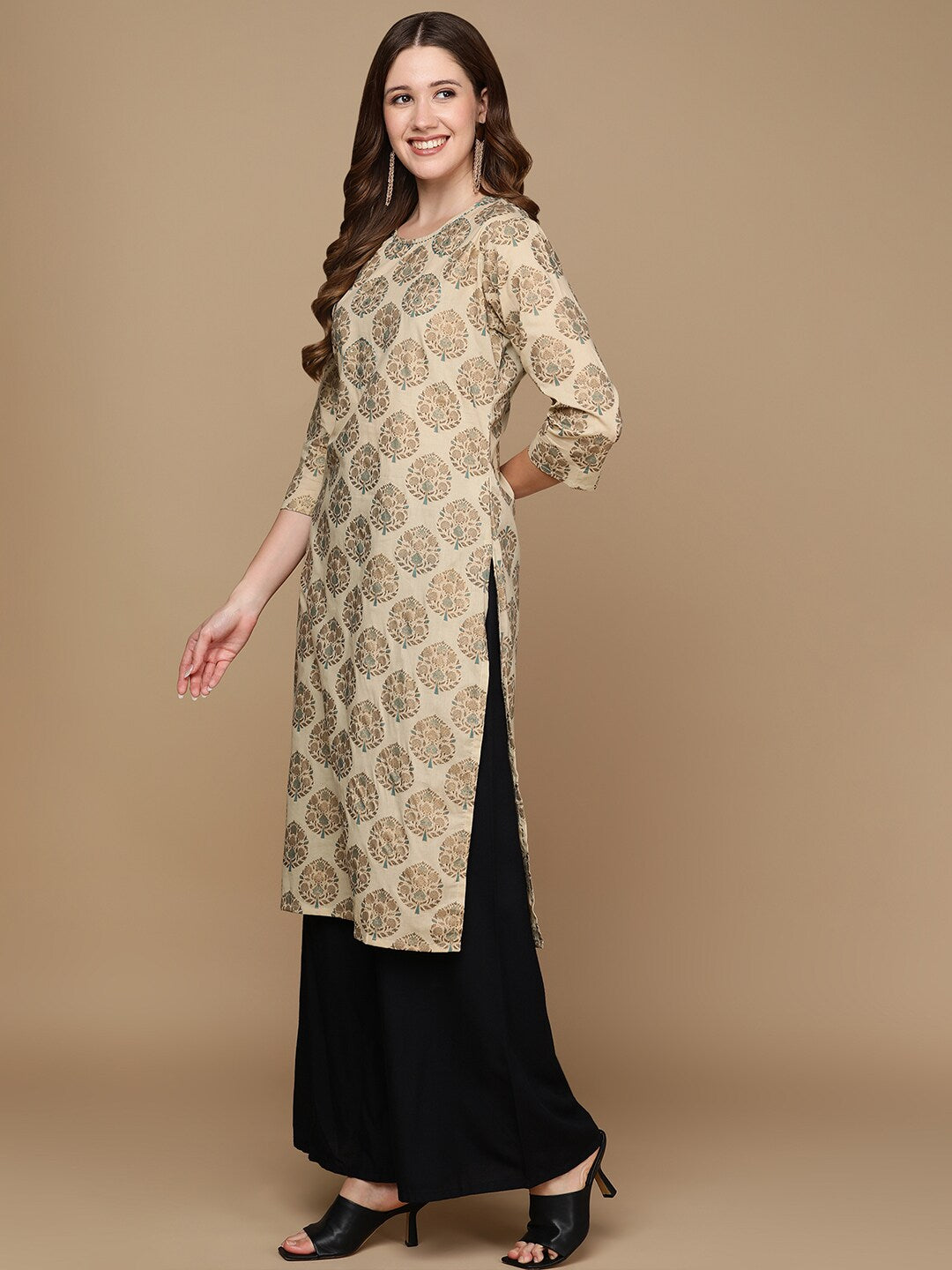 HERE&NOW Beige & Brown Ethnic Motifs Embroidered Pure Cotton Straight Kurta | Grocsy
