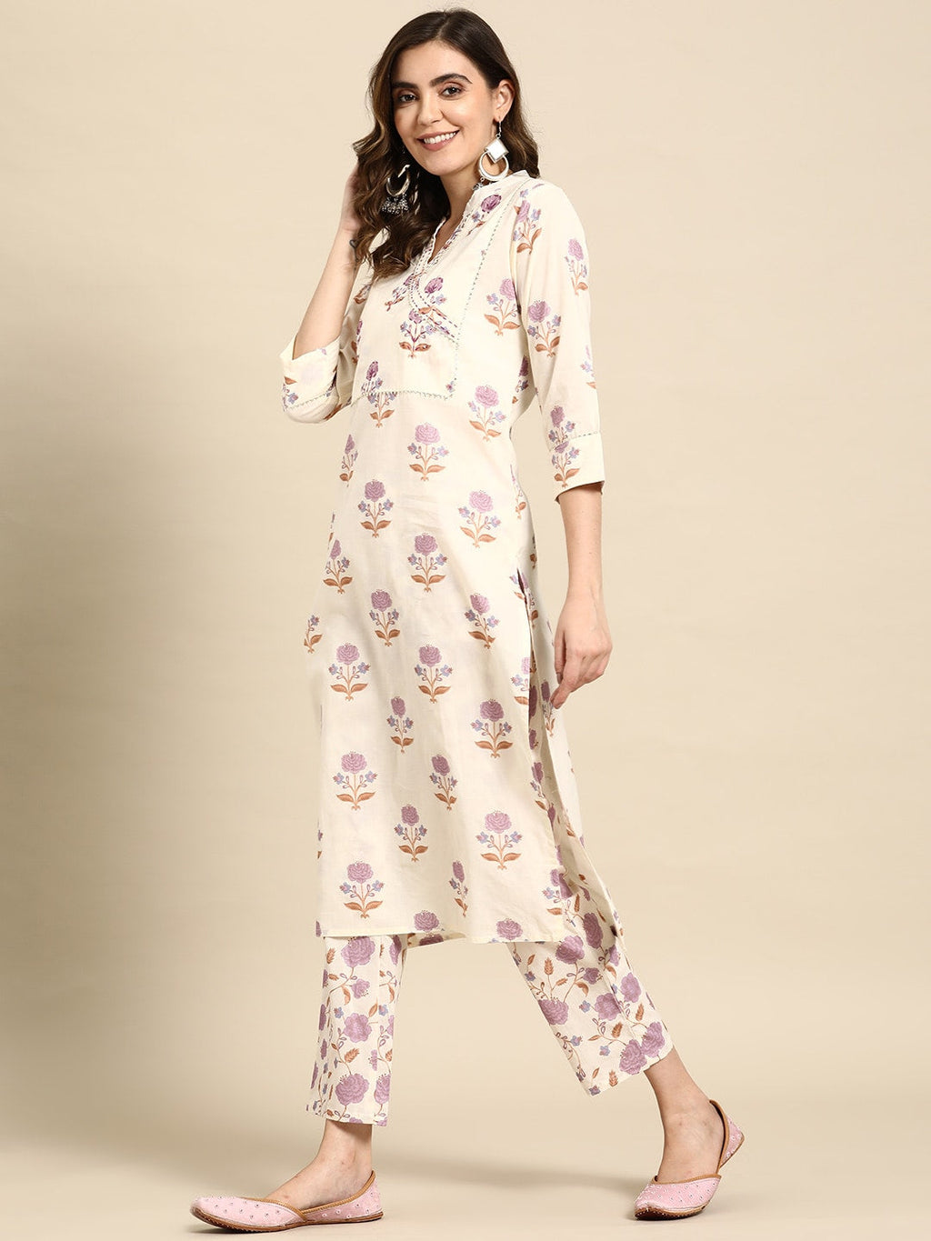 Sangria Women Floral Printed Regular Sequinned Pure Cotton Kurta with Trousers | Grocsy