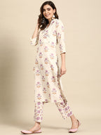 Sangria Women Floral Printed Regular Sequinned Pure Cotton Kurta with Trousers | Grocsy