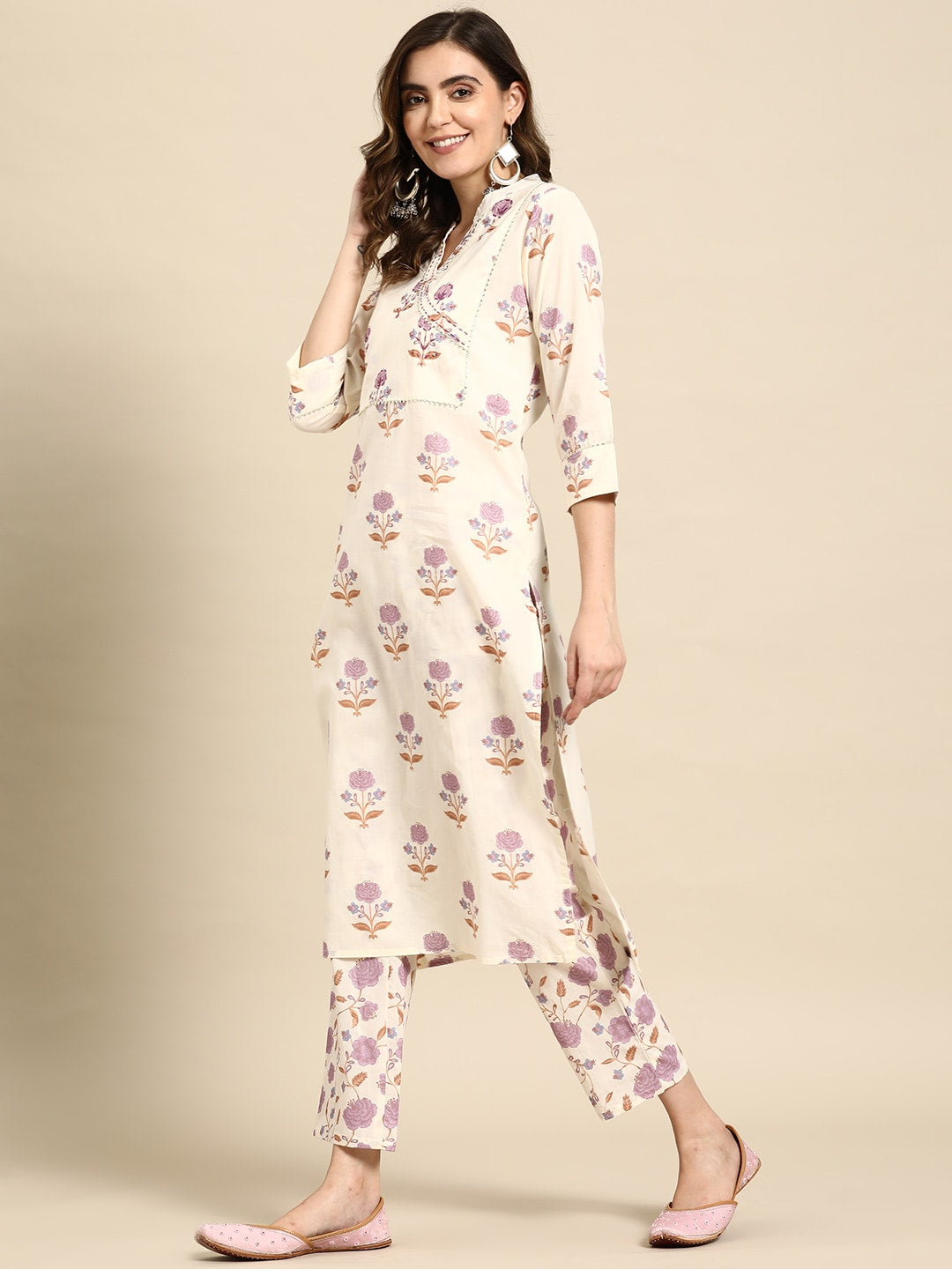 Sangria Women Floral Printed Regular Sequinned Pure Cotton Kurta with Trousers | Grocsy