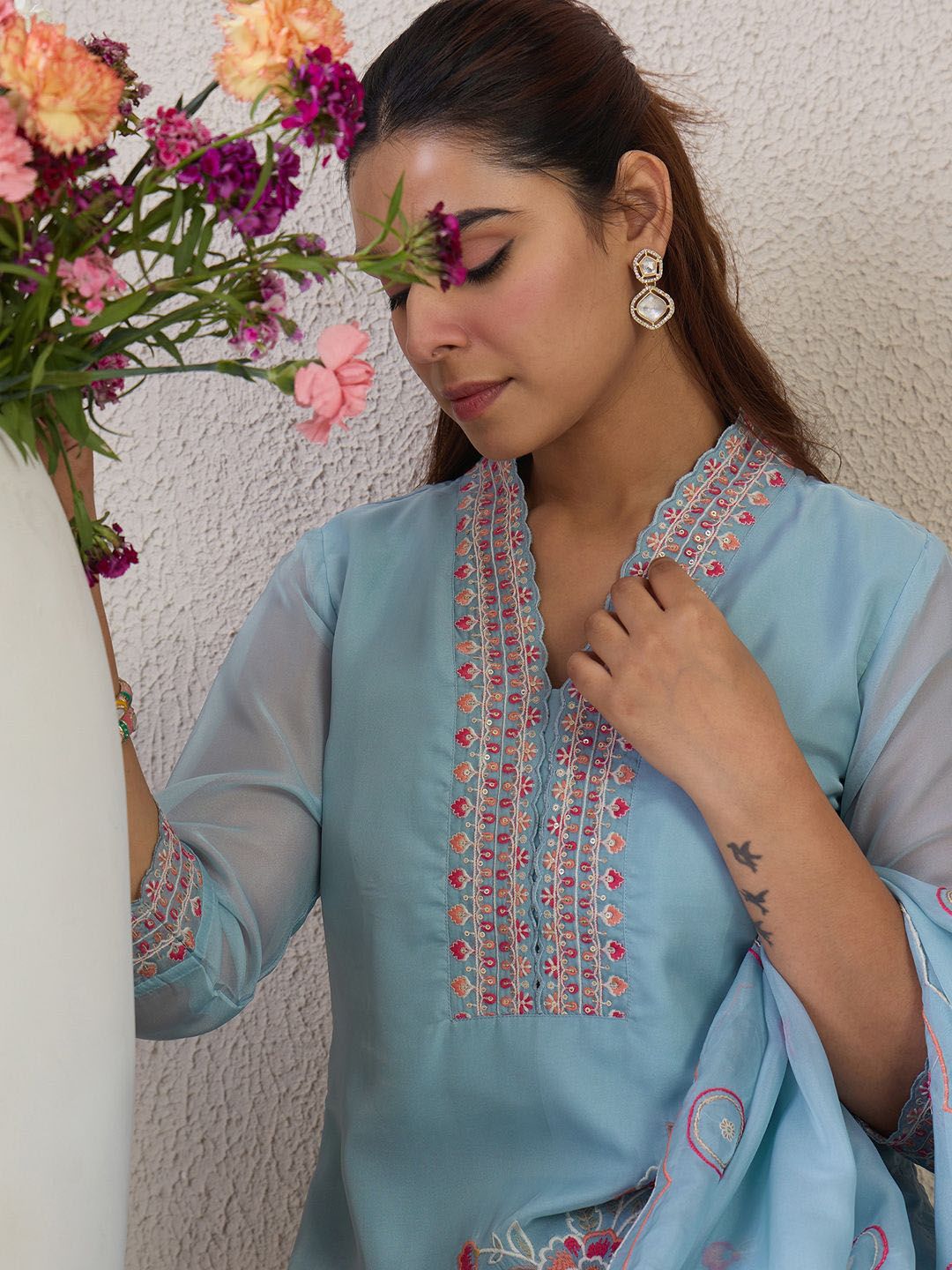 Indo Era Floral Embroidered V-Neck Thread Work Straight Kurta & Trousers & Dupatta | Grocsy