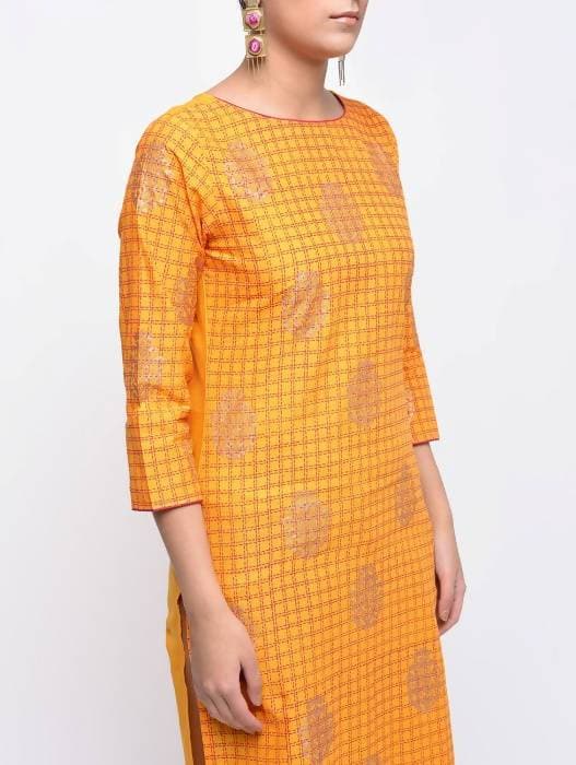 Aniyah Cotton Block Printed Yellow Straight Kurta (AN-137K) | Grocsy