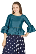 Aastha Fashion Women's Teal Art Silk Bell Sleeves attire with Poly Cotton Lining Blouse | Grocsy