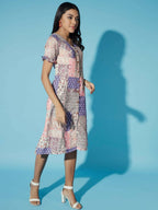 Myshka Women Multi-Geometric Rayon A-Line Round Neck Dress | Grocsy
