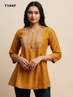 Mustard Chinon Embroidered Top - Tarini | Grocsy