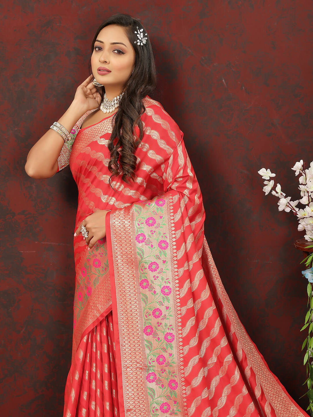 Lorenvalley Fashion Red Soft Silk Woven Design with Zari Weaving Leheriya Design Saree | Grocsy