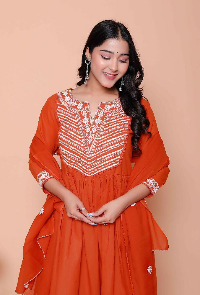 Miravan Womens Floral Embroidered Rust Straight Cotton Kurta & Palazzo With Dupatta Set | Grocsy