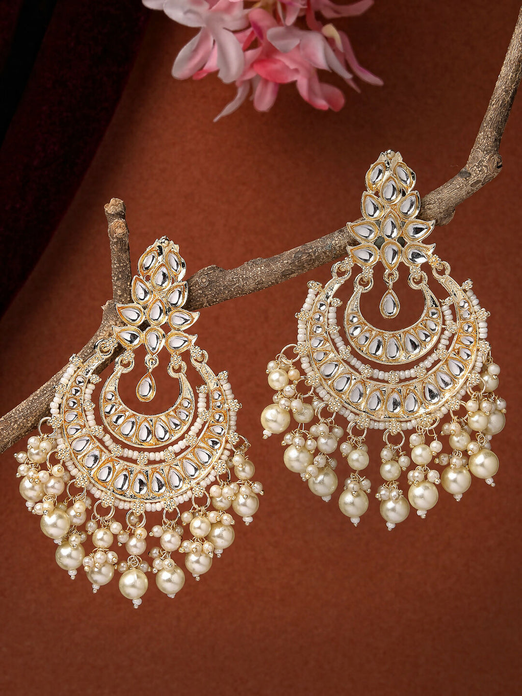 NVR Women Gold-Polished Kundan Chandbali Earrings | Grocsy