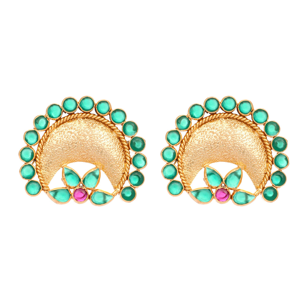 Nuyug 22K Gold Plated Faux Emerald Stone Studded Contemporary Shaped Studs | Grocsy
