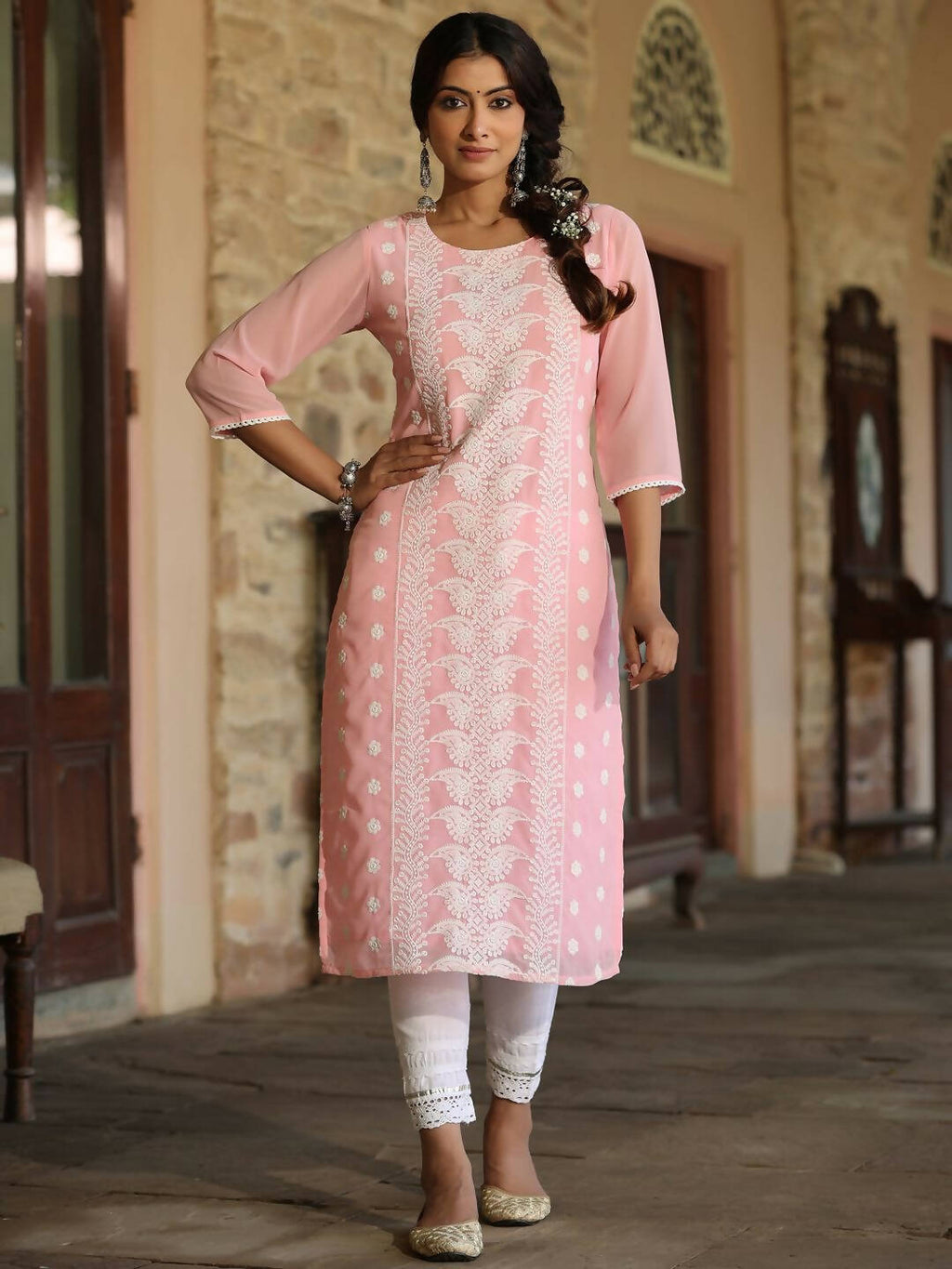 Juniper Women's Pink Georgette Printed Kurta | Grocsy