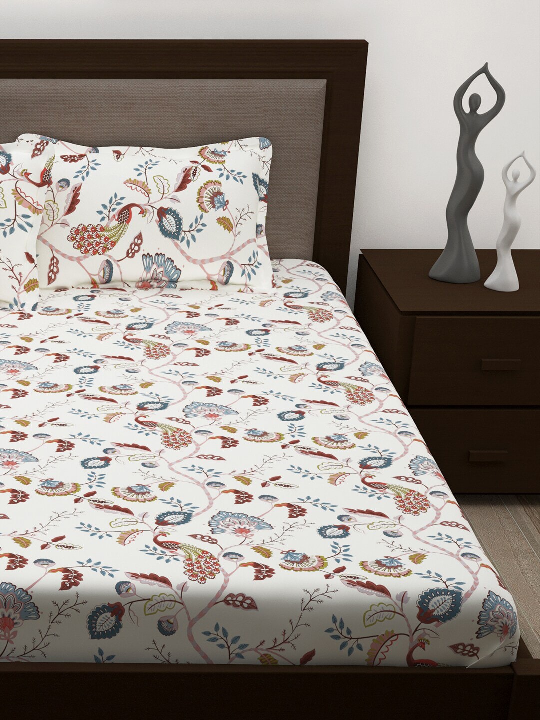 Story@home White & Yellow Ethnic Motifs Cotton 186 TC Queen Bedsheet With 2 Pillow Covers | Grocsy