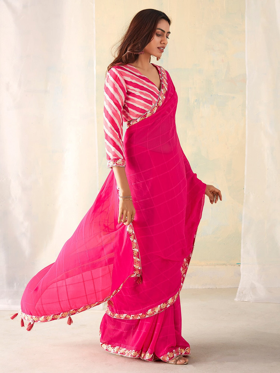 Saree Mall Checked Gotta Patti Pure Georgette Sarees | Grocsy