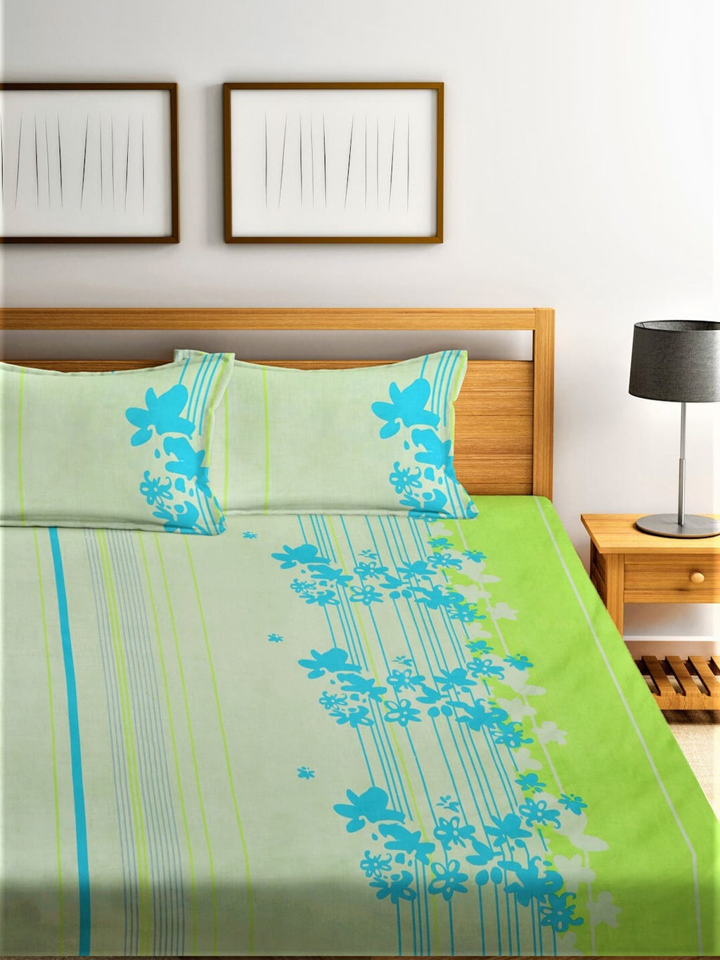 Home Sizzler Green & Blue Floral 210 TC Queen Bedsheet with 2 Pillow Covers | Grocsy