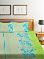 Home Sizzler Green & Blue Floral 210 TC Queen Bedsheet with 2 Pillow Covers | Grocsy