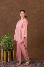 Gharana India Jashn Premium Women's Chikankari Embroidered Twilight Silk Co-ord Set - Onion Pink | Grocsy