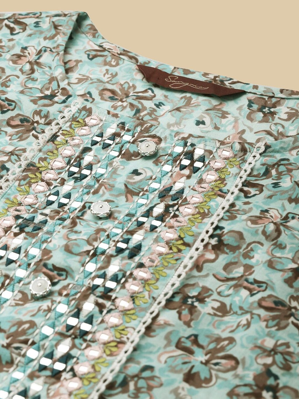 Sangria Sea Green & Brown Floral Printed Pure-Cotton Straight Kurta With Trouser & Dupatta | Grocsy