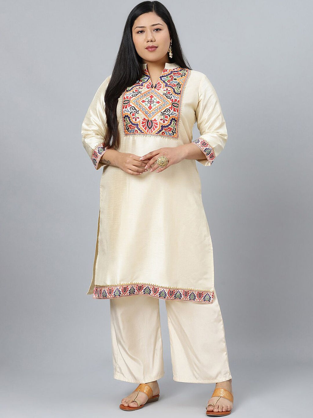 Sztori Plus Size Ethnic Motifs Printed Mandarin Collar Straight Kurta with Palazzos | Grocsy