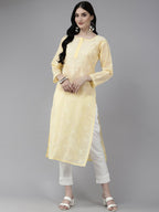 ADA Women Cream-Coloured & White Ethnic Motifs Embroidered Chikankari Cotton Kurta | Grocsy