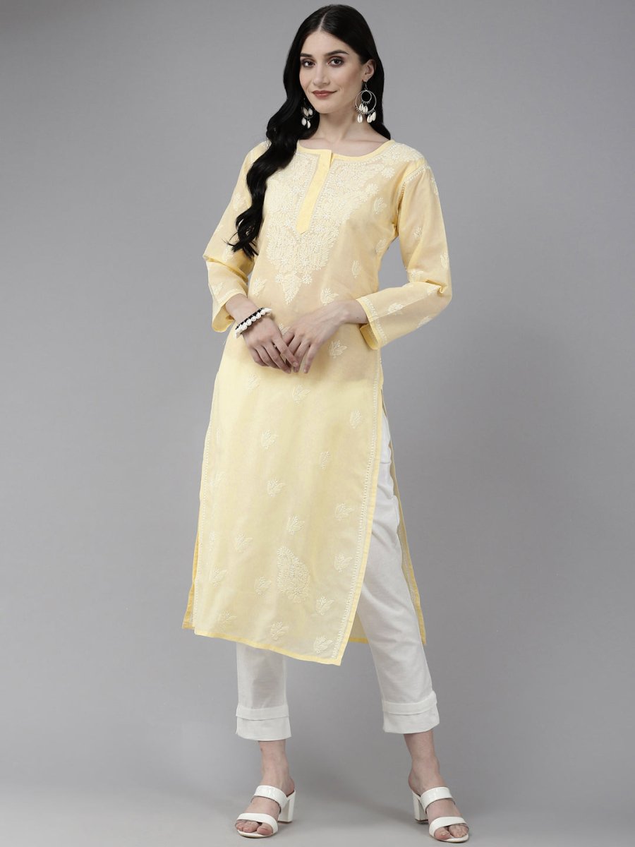 ADA Women Cream-Coloured & White Ethnic Motifs Embroidered Chikankari Cotton Kurta | Grocsy
