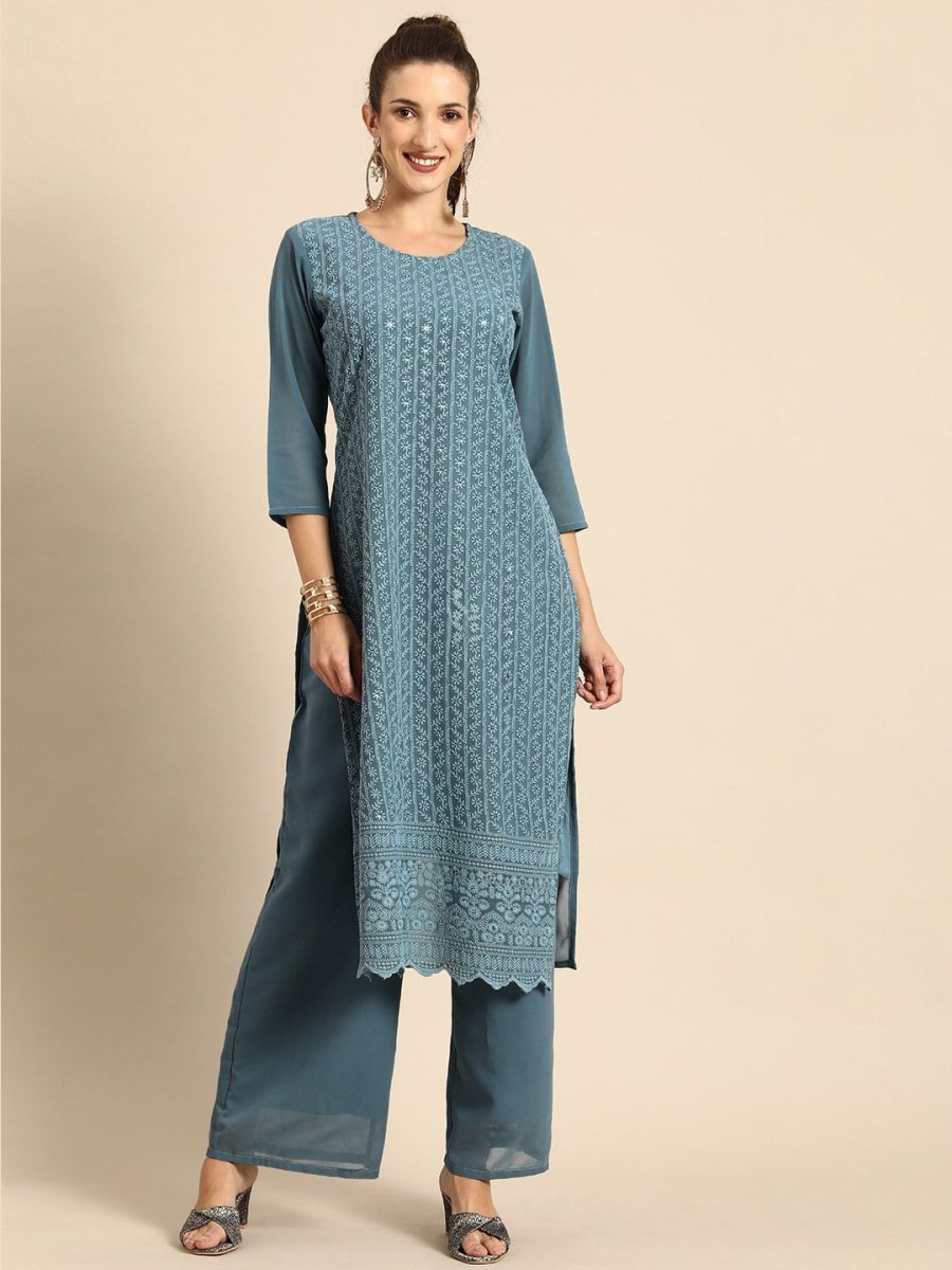 All About You Women Grey Ethnic Motifs Embroidered Regular Chikankari Kurta with Palazzos | Grocsy